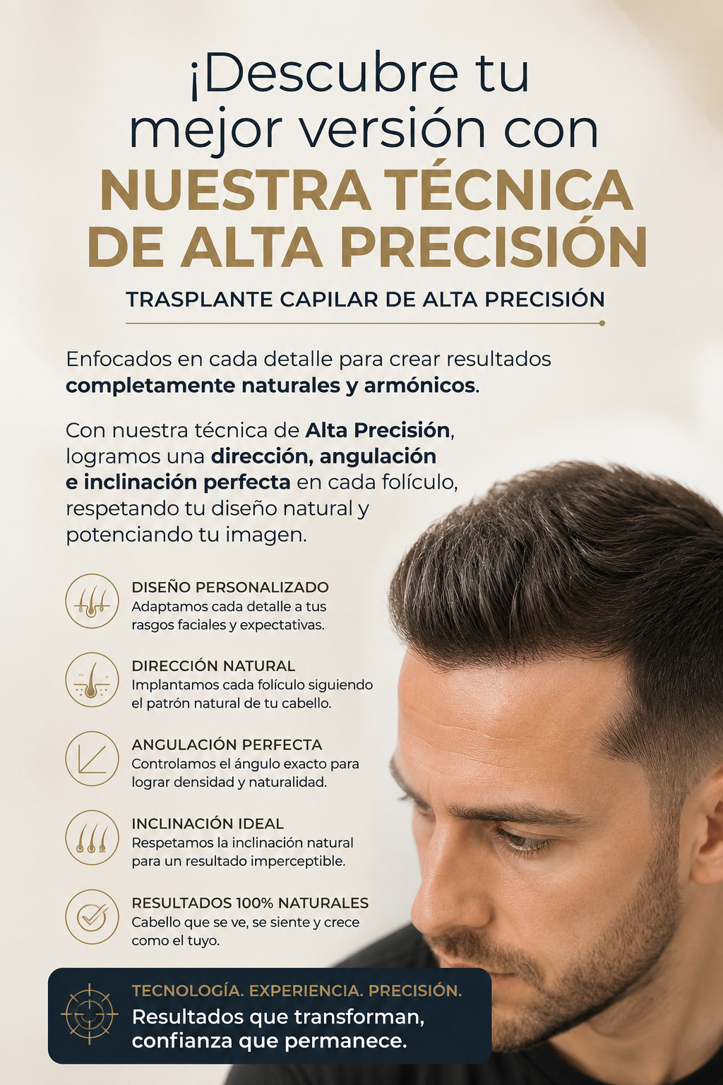 Nuestra técnica de trasplante capilar de alta precisión: diseño personalizado, dirección natural, angulación perfecta, inclinación ideal y resultados 100% naturales.
